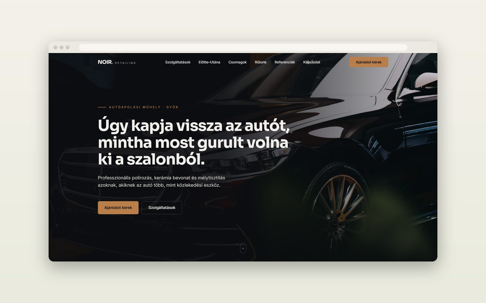 A Noir Detailing bemutató weboldalának nyitóoldala: sötét, prémium autóápolási oldal